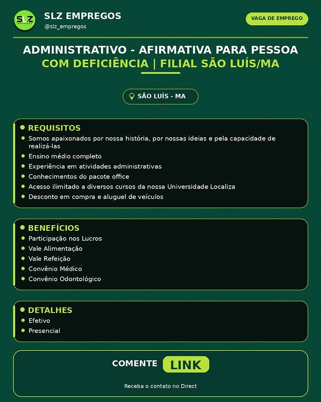 ADMINISTRATIVO - AFIRMATIVA PARA PESSOA COM DEFICIÊNCIA | FILIAL SÃO LUÍS/MA