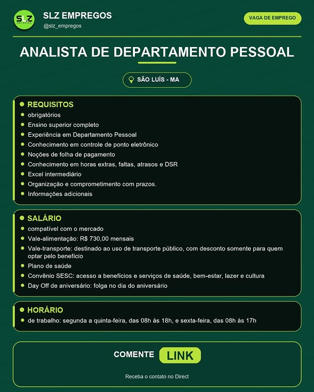 ANALISTA DE DEPARTAMENTO PESSOAL- SÃO LUÍS