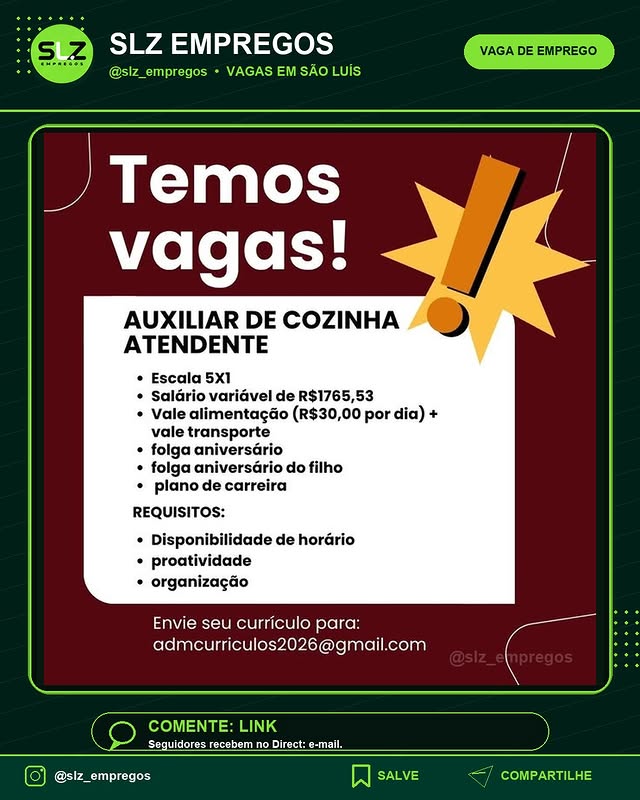 Auxiliar de Cozinha Atendente Escala 5X1