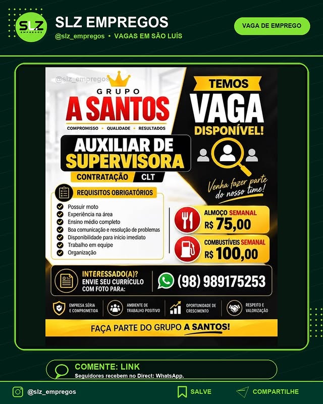 Disponivel Auxiliar de Supervisora Contratacao Clt