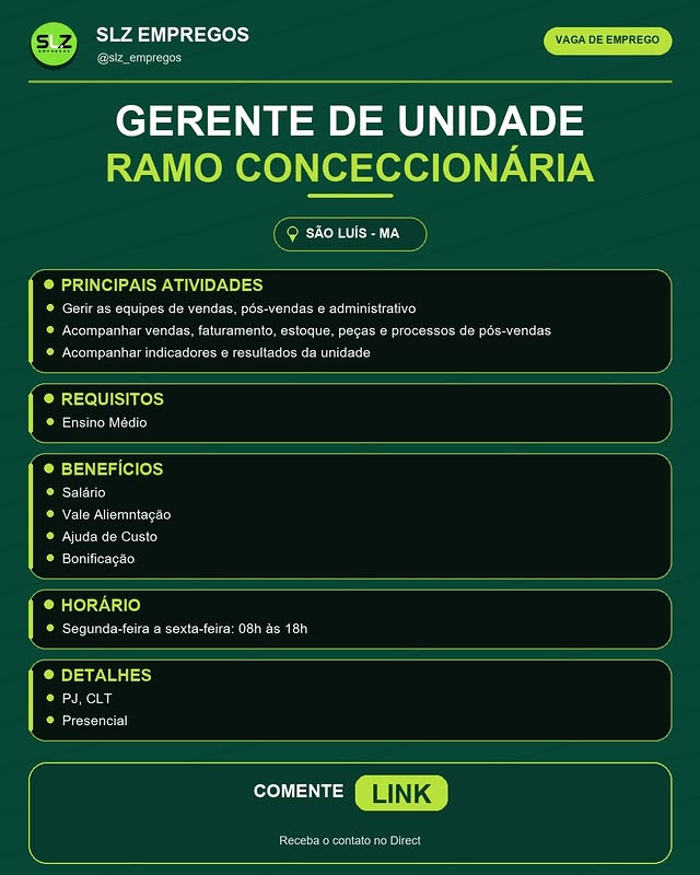 Gerente de Unidade - Ramo Concessionária | Pessoa Jurídica