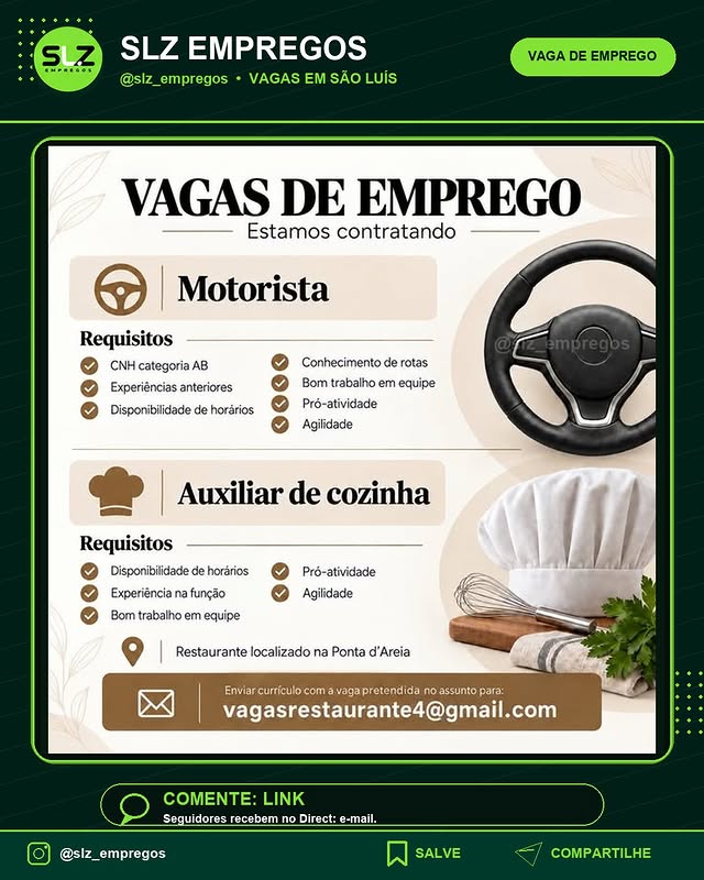 Para Motorista Auxiliar de Cozinha