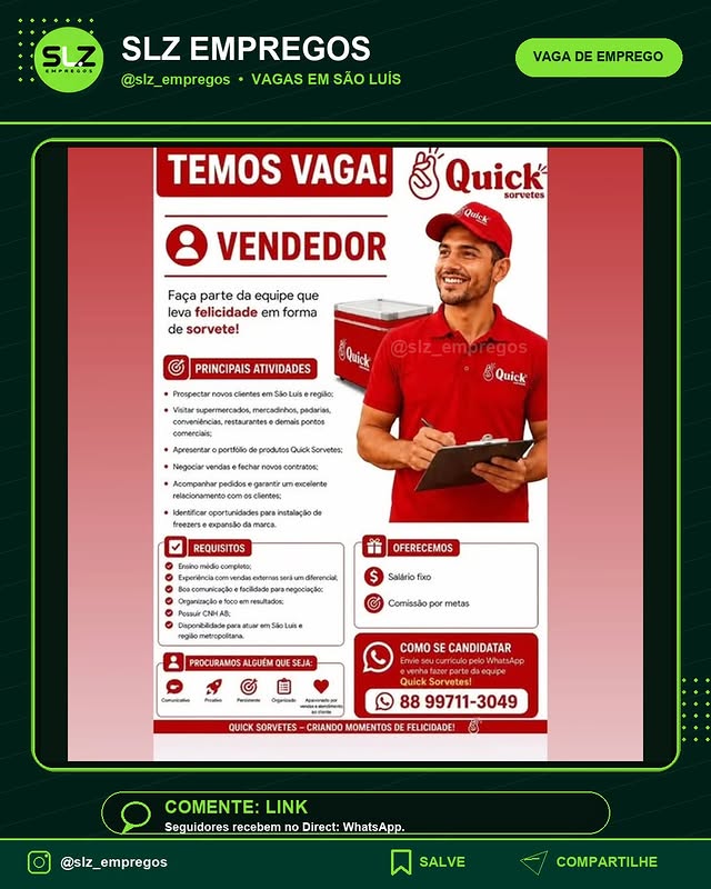 Vagas Saoluis Quick Sorvetes Quick Vendedor Faca Parte
