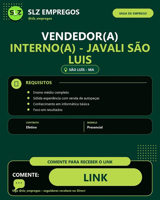 Vendedor(a) Interno(a) - JAVALI SÃO LUIS - MA